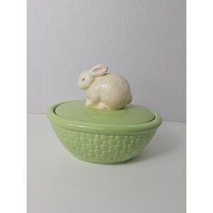 Vtg Hallmark Bunny Rabbit Green Candy Dish Ceramic w/ Lid Easter Vintage, Easter